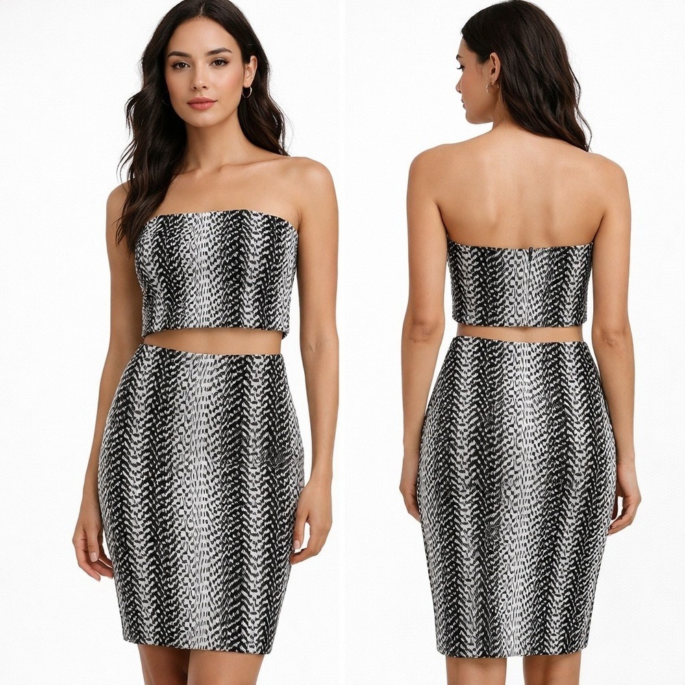 Elizabeth and James Womens 2Pc Strapless Crop Top Skirt Set‎ 8 Abstract Evening